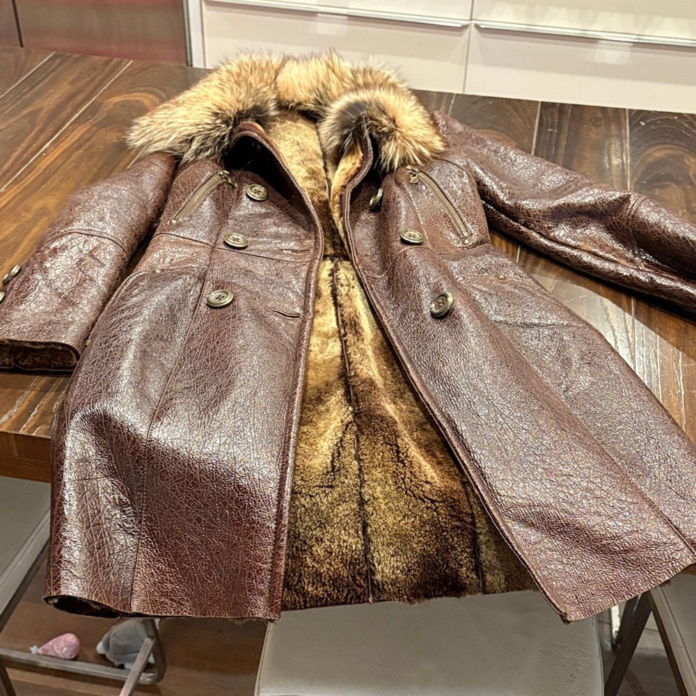 Brown Shearling Leather Coat with Fur Collar